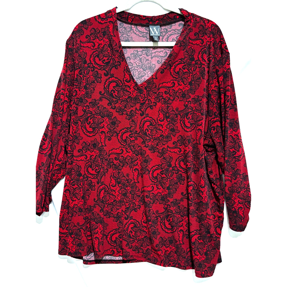 Worthington 2X Plus Tunic Top Blouse Lace Print‎ Red/Black Stretch Career Witchy